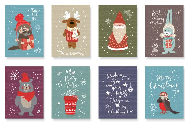 Conjunto de cartas con anomales dibujados a mano y saludos navideños. Ilustración vectorial . — Archivo Imágenes Vectoriales