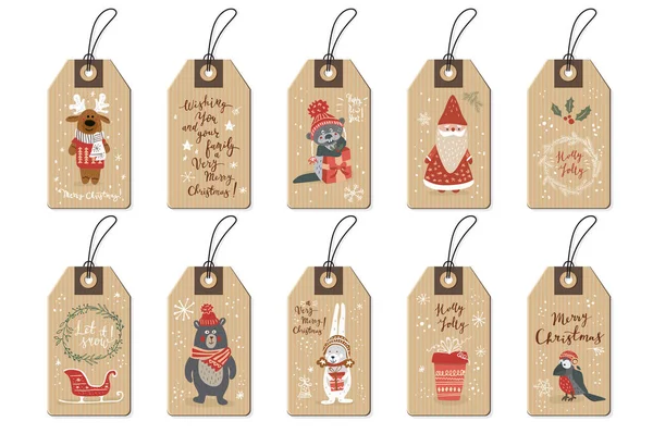 Kerst labels ingesteld, cartoon stijl hand getrokken. Vectorillustratie. — Stockvector