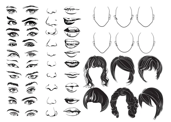 Конструктор лица, глаза, губы, нос и волосы, векторные части лица женщины, характер головы. Векторная иллюстрация — стоковый вектор
