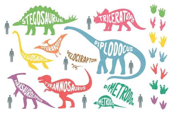 Reihe von bunten Dinosauriern mit Schriftzügen und Fußabdrücken, isoliert auf weißem Hintergrund. Größe der Dinosaurier gegen die Größe des Menschen. — Stockvektor