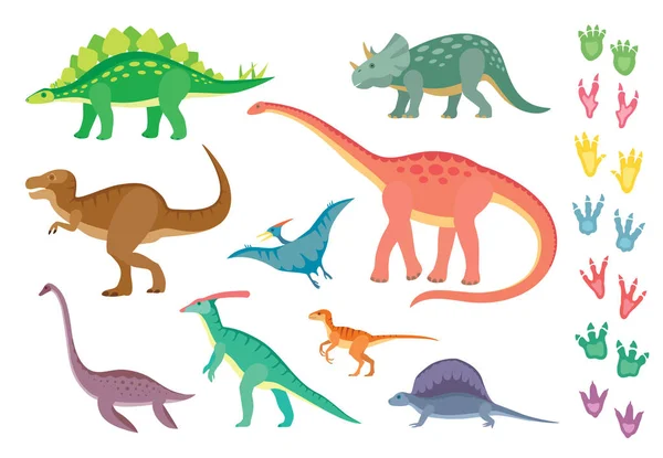 Reihe von bunten Dinosauriern und Fußabdrücken, isoliert auf weißem Hintergrund. — Stockvektor