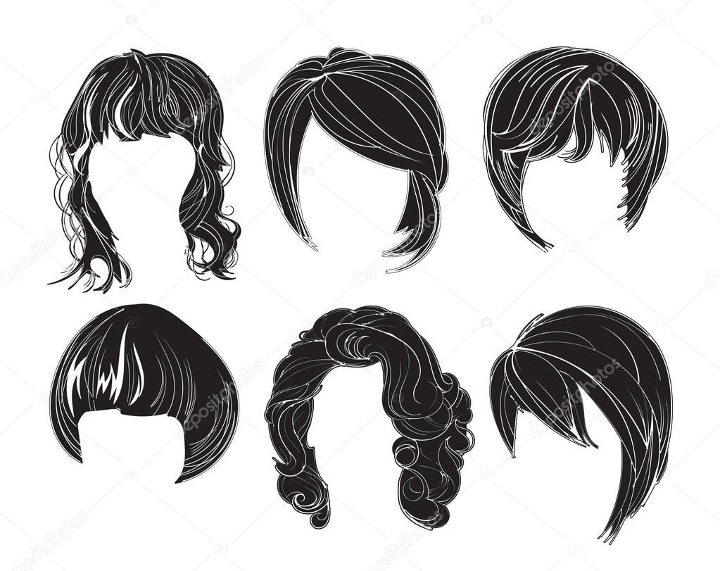 Hair silhouettes set, woman hairstyle.