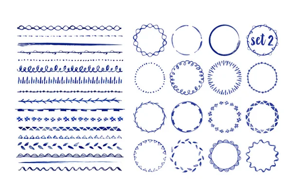 Ensemble de pinceaux et de cadres aquarelles dessinés à la main sans couture avec différents motifs. Illustration vectorielle . — Image vectorielle