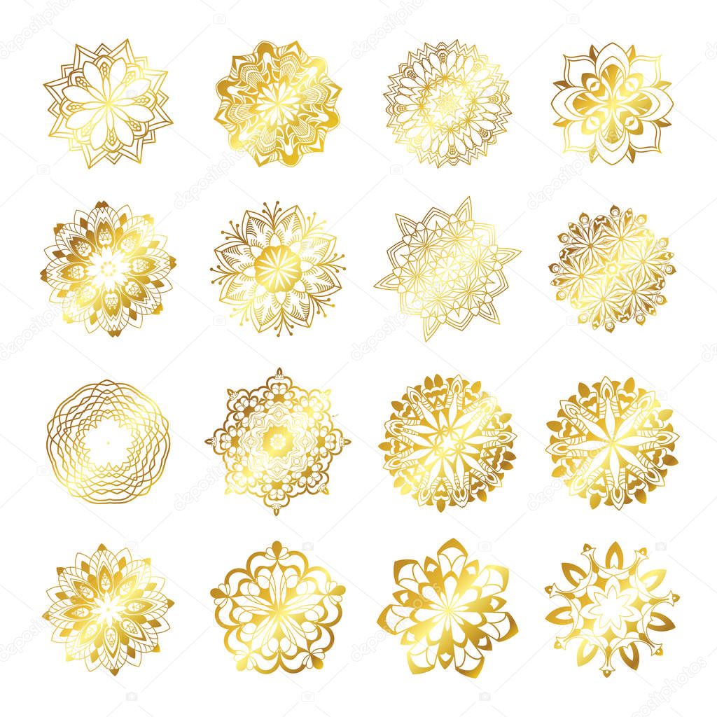 Gold Mandala Vector Design Elements. Round ornament decoration, flower patterns. Stylized floral motif. Tattoo print