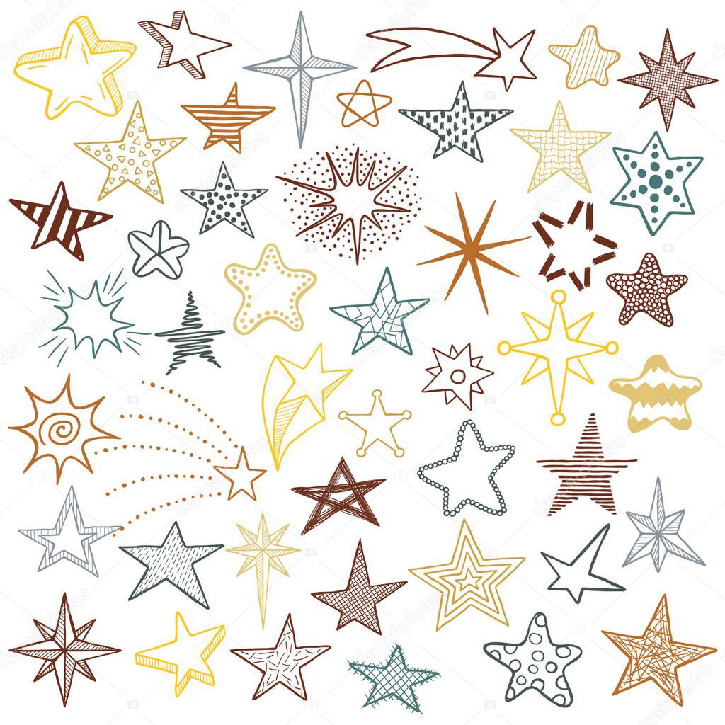 Hand drawn cute doodle stars and comets icons collection. Kids style skethes. Vector illustration