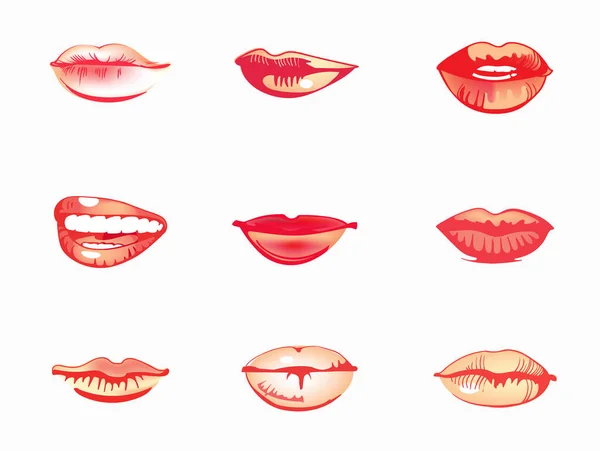 Kvinnans lip set. Flicka munnar som närbild med rött läppstift makeup. — Stock vektor
