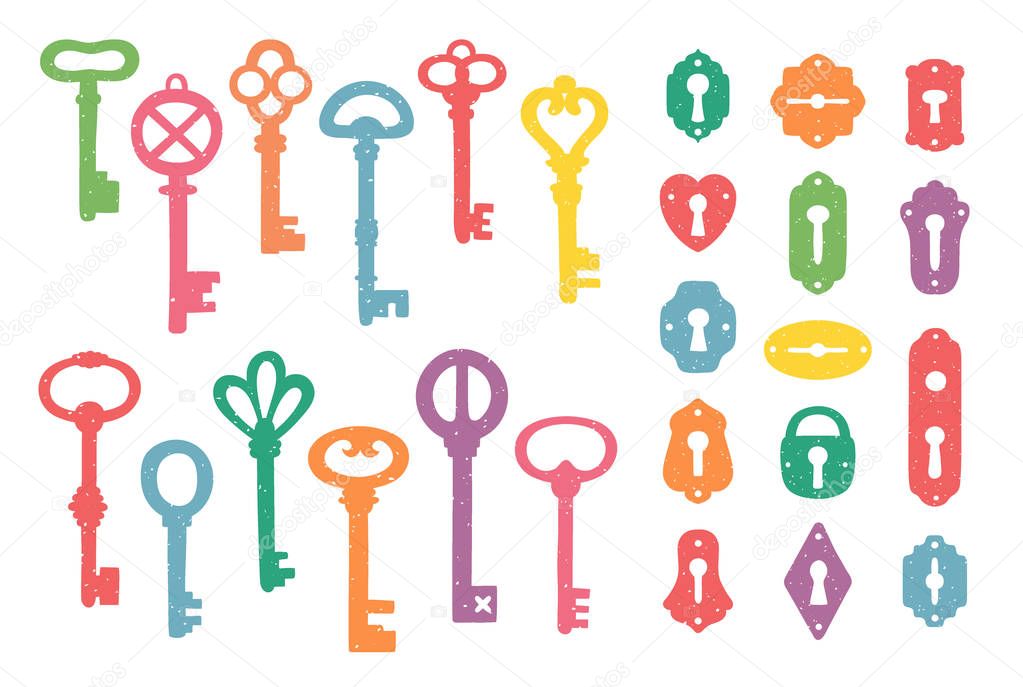 Vintage colorful keys and keyholes collection.