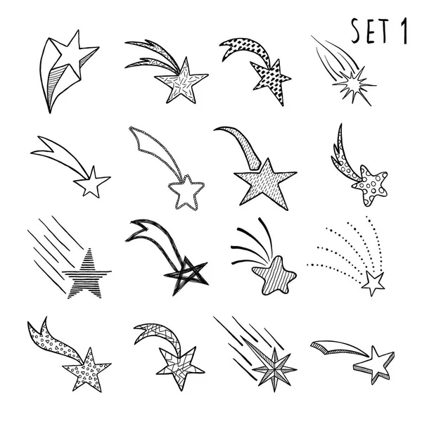 Hand drawn cute doodle stars and comets icons collection. Kids style skethes. Vector illustration — Stock Vector