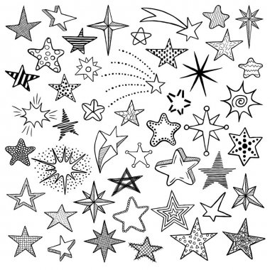 Elle çizilmiş şirin doodle yıldız ve kuyruklu yıldızlar simgeler koleksiyonu. Çocuklar skethes tarzı. Vektör çizim