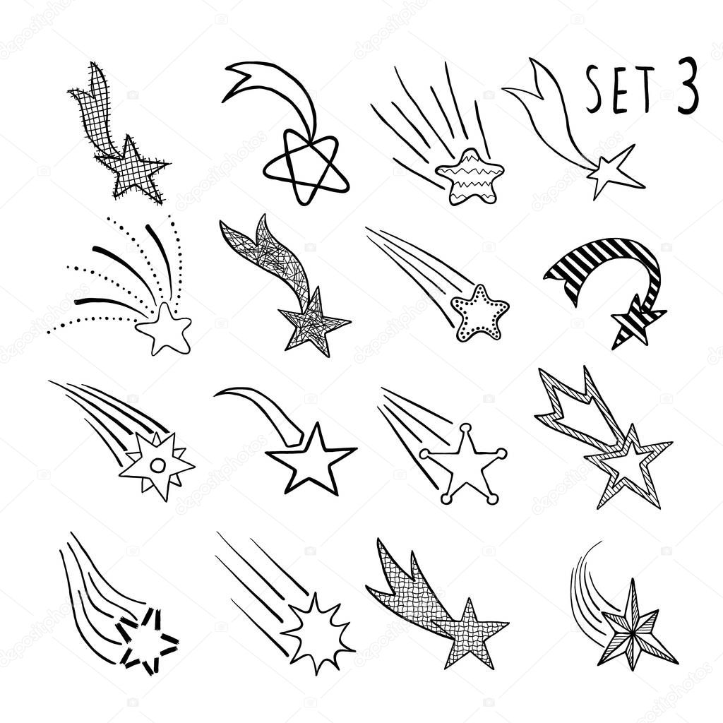 Hand drawn cute doodle stars and comets icons collection. Kids style skethes. Vector illustration