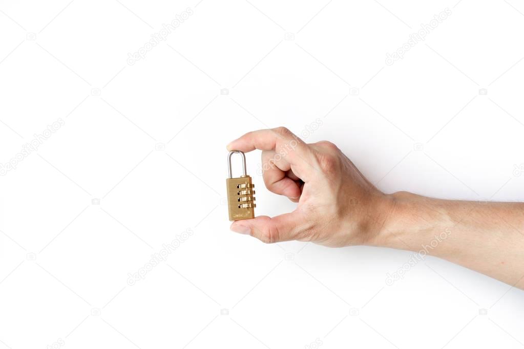 Hand and golden padlock