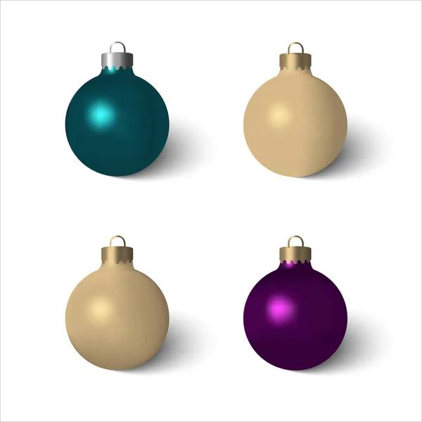 Set schöner Weihnachtskugeln blau, violett, bronzefarben und goldfarben mit realistischer Flamme und Schatten. — Stockvektor