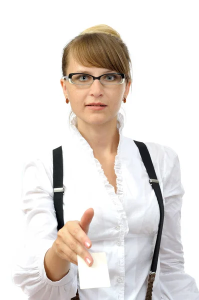 Attractive businesswoman gives visit card — Stock Photo, Image