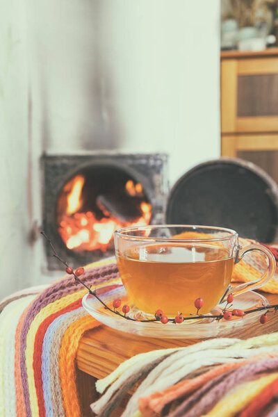 Cup of tea and flames of fire in a fireplace