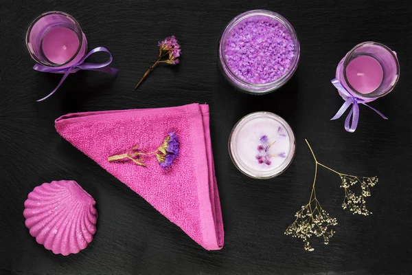Spa products. Violet purple concept.