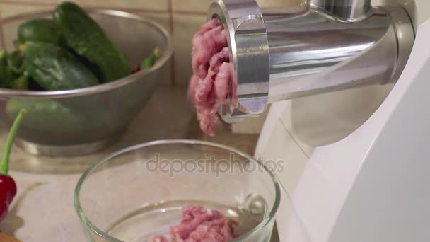 Hogar picadora de carne eléctrica está haciendo relleno de cerdo en una cocina moderna — Vídeos de Stock