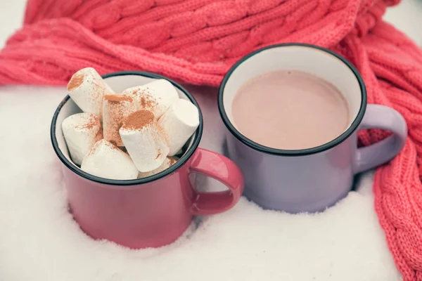 Chocolat chaud avec guimauve dans deux tasses — Photo