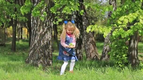 Kis lány játszik a tavaszi park — Stock videók