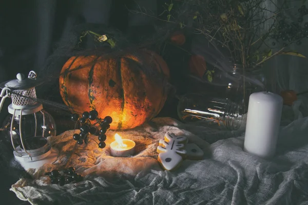 Halloween home decorations on dark background