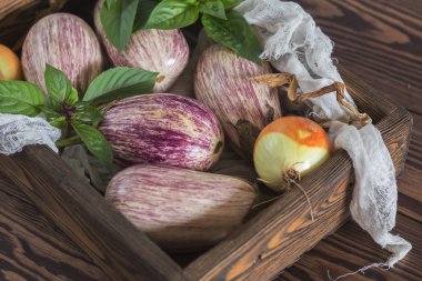 Mor grafiti patlıcan, soğan ve fesleğen