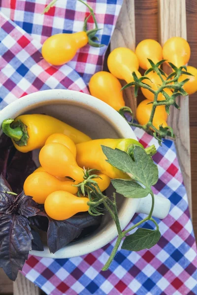 Yellow hot pepper and yellow tomatoes with purple basil — Stock Photo, Image