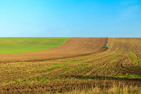 Winterweizenfeld im Herbst mit dem Traktor — Stockfoto