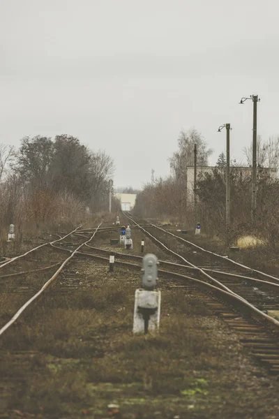 Semáforo ferroviário com um sinal padrão azul. Semáforo na travessia ferroviária sobre um fundo turvo. Infraestrutura ferroviária antiga na Europa Oriental. Foco seletivo . — Fotografia de Stock