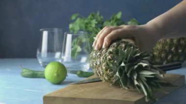 Baharatlı ananas jalapeno mezcalita ya da Cinco de Mayo için margarita hazırlanmış kadın ananas, kişniş, jalapeno ve Meksika damıtılmış alkollü içecekten yapılan ferahlatıcı bir kokteyl.