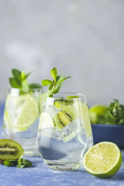 Two detox water, mojito or martini tonic cocktail with kiwi, lime, ice, mint. Summer fresh lime soda cocktail, selective focus. A new kind of mojito with kiwi, lime and mint and of course ice.