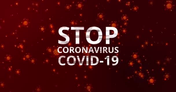 Covid 19コロナウイルス ストップコロナウイルス ホームテキストアニメーションに滞在し 動きウイルスの可視化粒子背景 — ストック動画