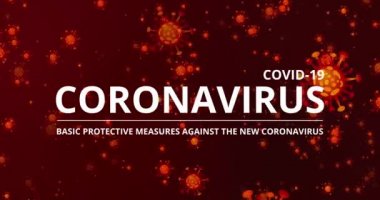 Coronavirus COVID-19. Yeni koronavirüse karşı temel koruma önlemleri. Ellerini yıka, sosyal mesafeyi koru ve temiz yüzeyleri koru, hareket virüsü görselleştirme parçacıkları arka plan