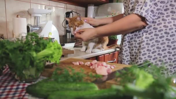 Close Van Vrouwelijke Handen Die Vers Varkensvlees Snijden Een Houten — Stockvideo