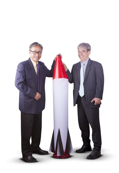 Asya iş adamı roket füze, kavramsal fo ile çiftler — Stok fotoğraf