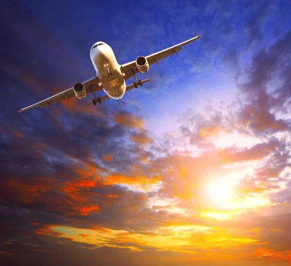 Passenger jet plane preparing to landing against beautiful dusky — Stock Photo, Image