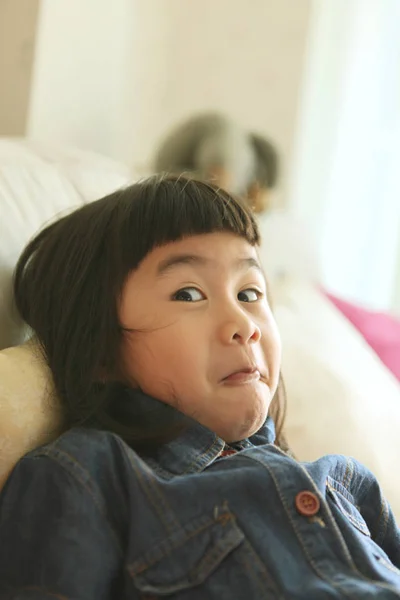 Funny and lovely face of asian children  playing happiness emoti — Stock Photo, Image