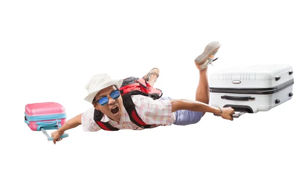 Young asian traveling man and luggage flying happiness emotion s — Stock Photo, Image