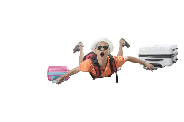 Reisender Mann mit Gepäck fliegt isoliert weißen Hintergrund — Stockfoto