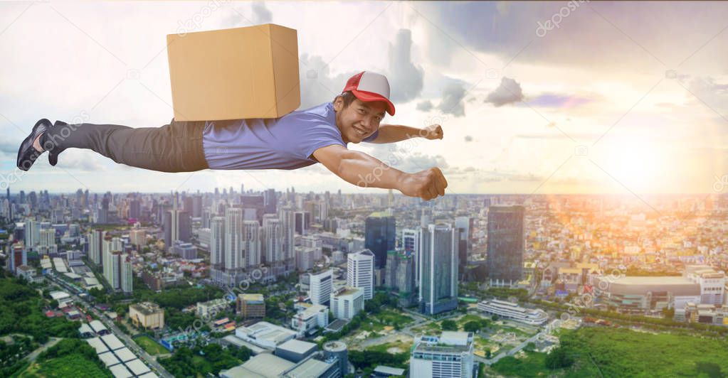 delivery man flying over city scape with container box on back, 