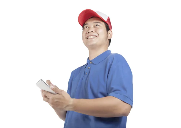 Toothy smiling face of delivery man and smart computer in hand p — Stock Photo, Image