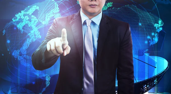 Geschäftsmann und Hintergrund globaler Kommunikationsnetzwerke — Stockfoto