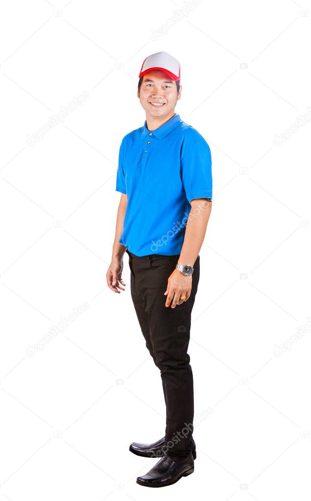 asian working man in blue shirt toothy smiling face good service
