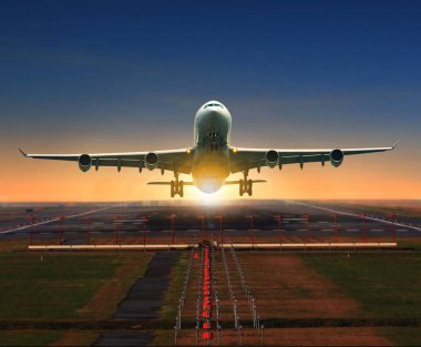 jet plane taking off from airport runway for traveling and logis clipart