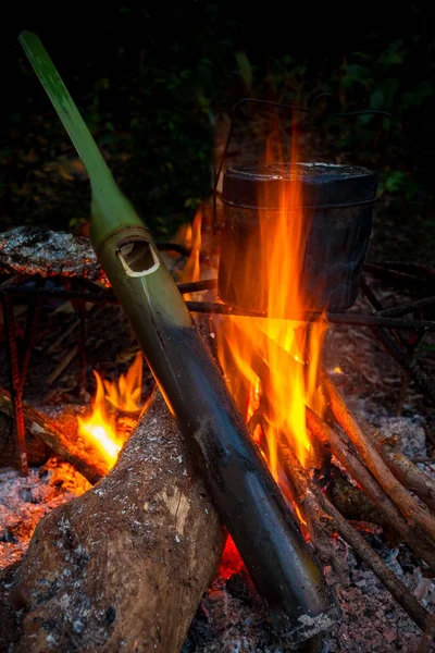Fuego de campista cocinar por olla de campo y hervir el agua por el bambú verde —  Fotos de Stock