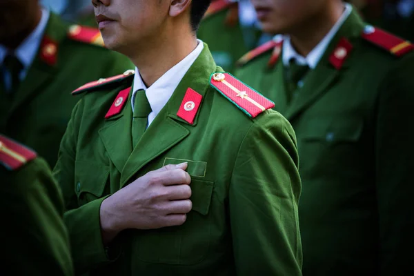 Soldier with green uniform marching in row — Stock Photo, Image