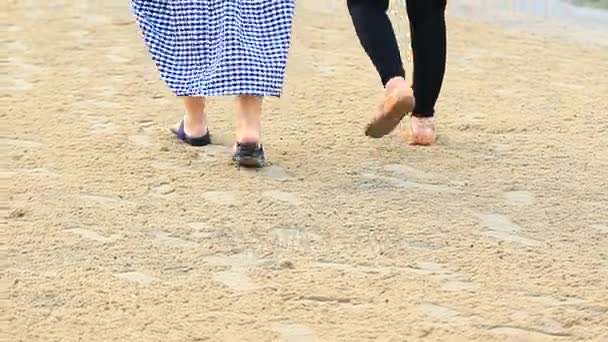 Duas mulheres andando na praia de areia — Vídeo de Stock