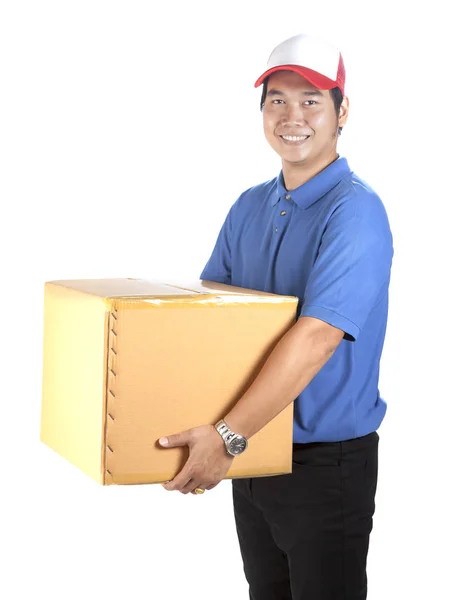 Delivery man toothy smiling face and holding paper box container — Stock Photo, Image