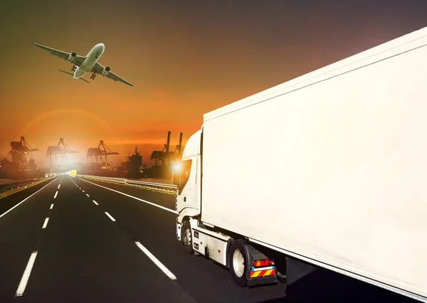 Container truck and cargo plane and logistic industry background — Stock Photo, Image