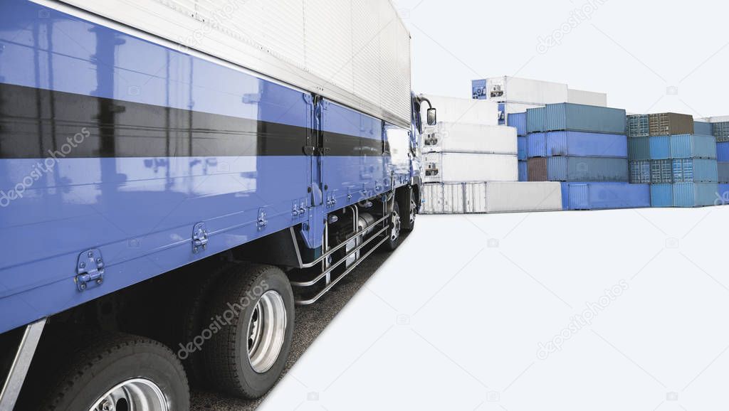 blue container truck and container box in shipping logistic stat