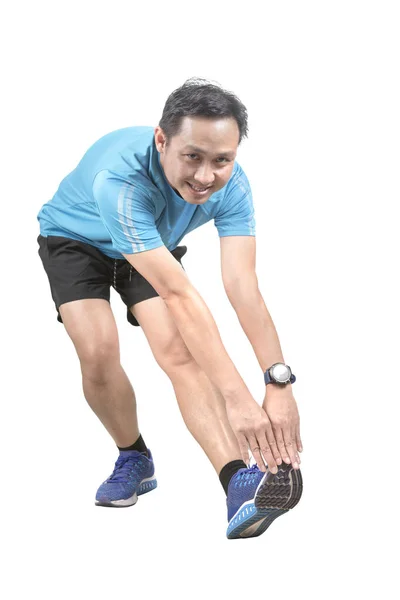 Asiático deporte hombre estiramiento cuerpo músculo felicidad emoción aislar —  Fotos de Stock