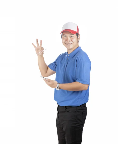 Man met slimme telefoon werken en het schrijven van pengereedschap in de hand toothy — Stockfoto